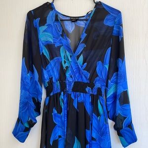 NWT black maxi dress blue floral long balloon sleeves full skirt w elastic waist